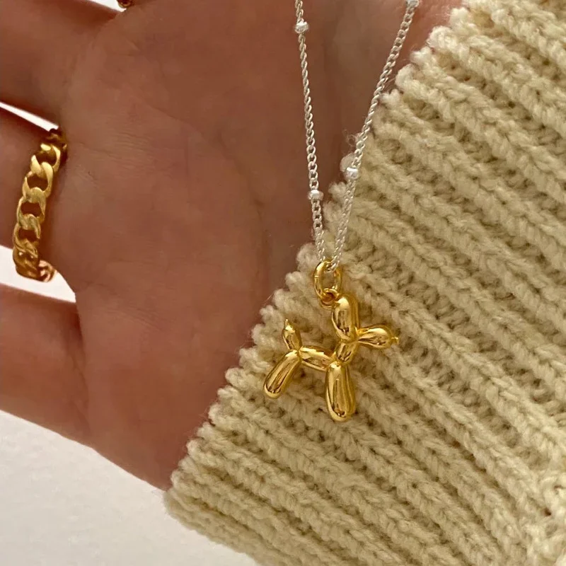 Minar Cute Lovely Gold Color Balloon Dog Pendant Necklaces for Women Personality Round Beads Metallic Choker Necklace Jewelry