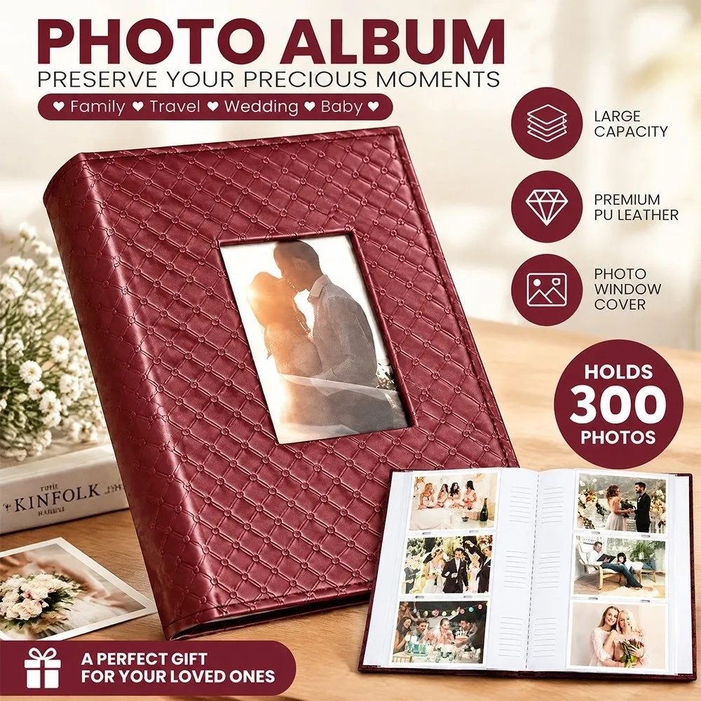 Ideal Holds 300 Photo Album PU Leather 6x4 Photos Memory Book Lay Flat Front Photo Window Wedding Album For Loved Ones