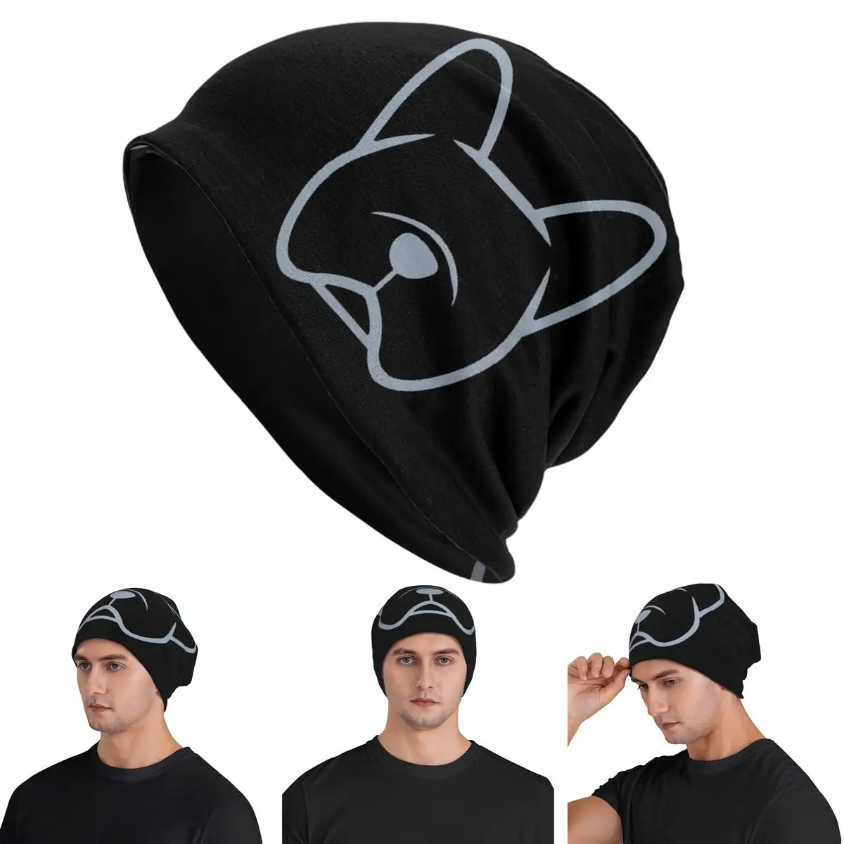 

French Bulldog Face Silhouette In Light Gray On Navy Skullies Beanies Hats Warm Autumn Cap Knitted Bonnet Caps Men Women Adult