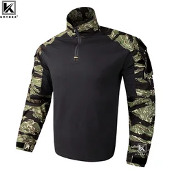 KRYDEX Combat Shirt Camouflage Tiger Stripe Tactical Hunting Outdoor Clothes Shirt with Elbow Pads Uniform Tops