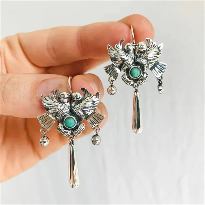 Vintage Bird Flower Design Inlaid Green Stone Dangle Earrings for Women Retro Bohemian Silver Color Jewelry Tourism Souvenir