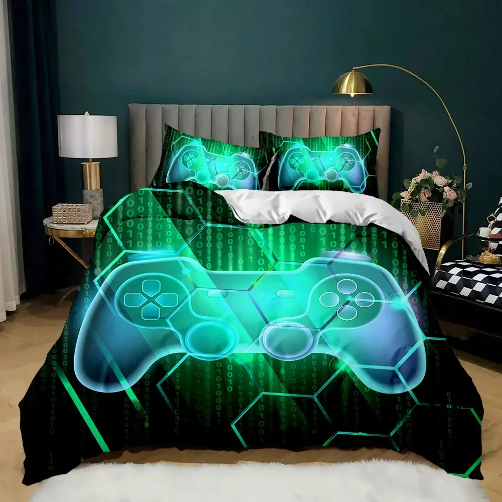 Gamepad Duvet Cover Set Twin King Size Polyester Gaming Comforter Cover Gamer Decor for Teen Boys Green Neon Gamepad Bedding Set