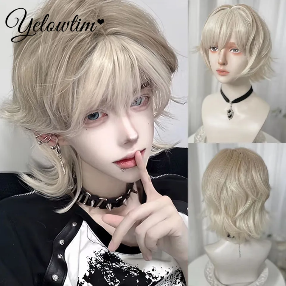 YELOWTIM Synthetic Short Cosplay Lolita Anime Men Wig Male Straight Hair High Temperature Fiber Pink Blue Blonde Ombre Black Wig