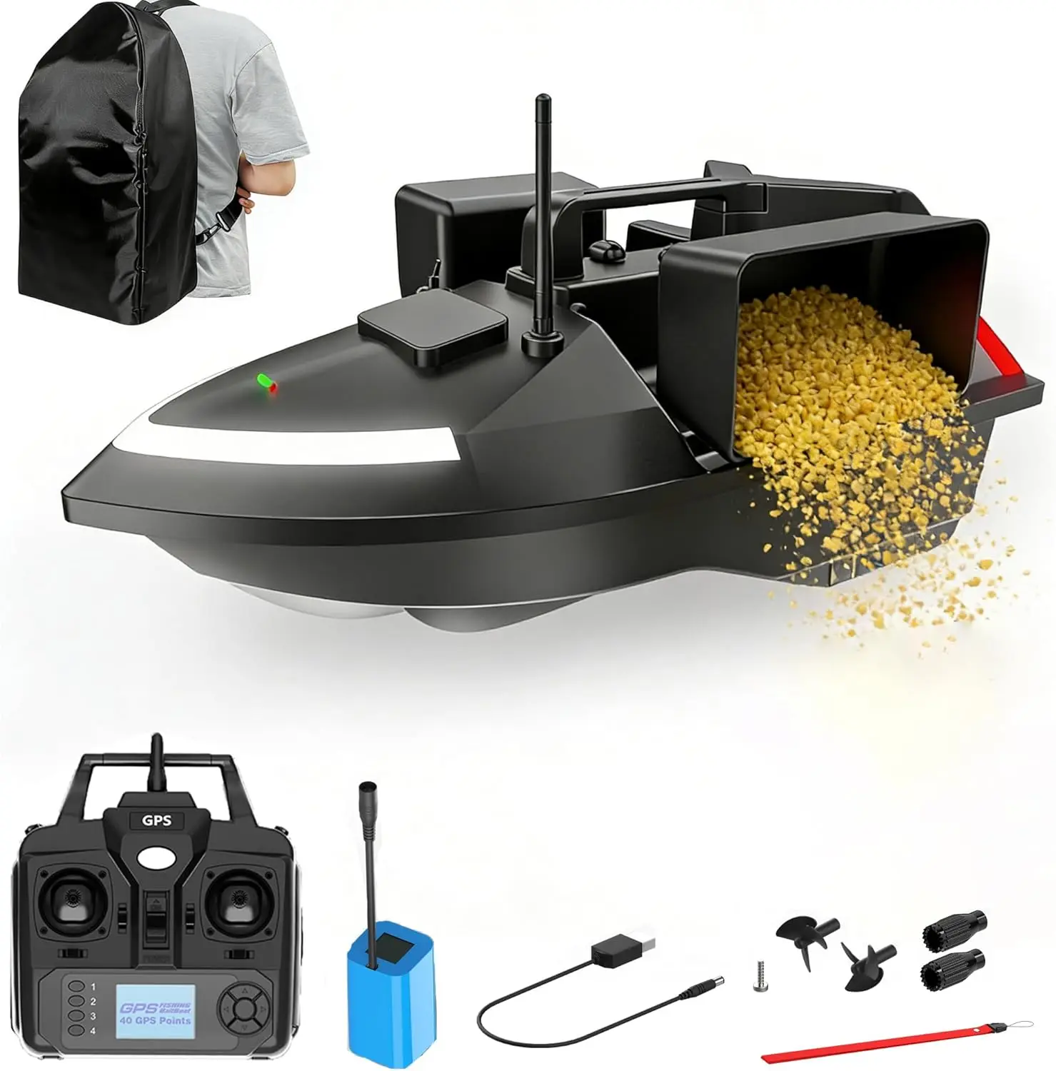 Remote Control Bait Boat for Fishing with Line Drop, 12000mAh Battery, 3 Bait Slots (4.41LBS Capacity), 1640ft Range, LED Light, Hook Release Mechanism, and Carrying Backpack