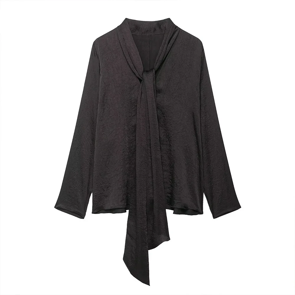 

Cross-border early autumn new women's clothing retro literary style shirt elegant knotted collar flowing blouse