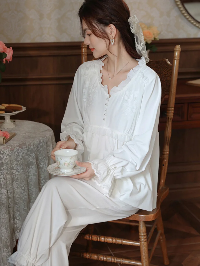 

Women Spring Autumn Long Sleeve Ruffles Vintage Princess Pajamas Two-piece Set Cotton Sleepwear French Homewear Pijamas Feminino