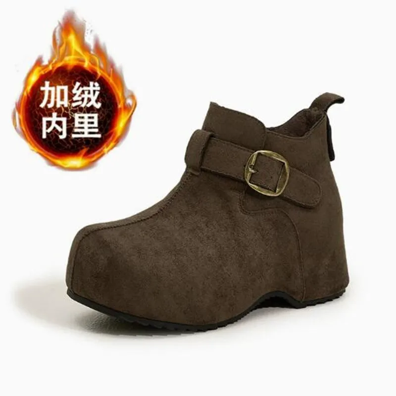 

New Autumn Winter FashionWarm Fleece Lined Shoes Women 6.5cm Thick Platform Slip on High Top Cotton Shoe Short Punk Boots Shoes