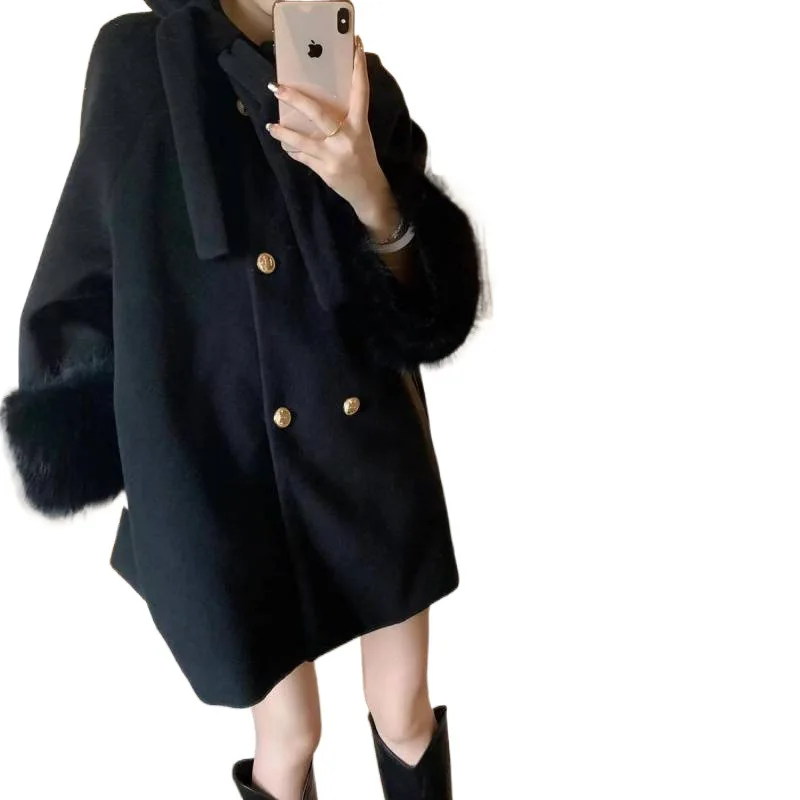 New Daughter Black Loose Slimming Cape Coat Women's Design Temperament Woolen Short Jacket Autumn and Winter