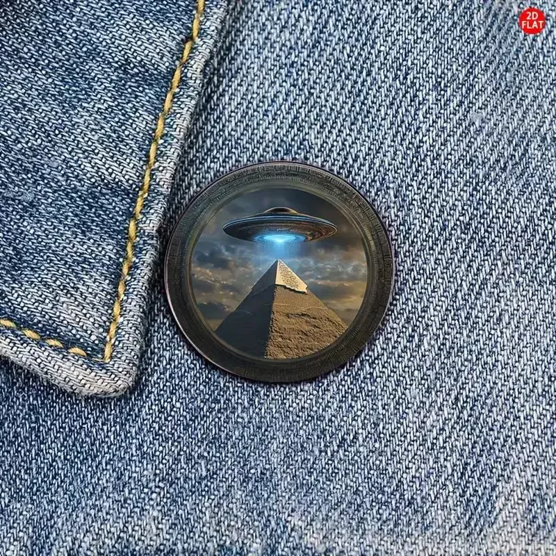 Vintage Egyptian Pyramid UFO Brooch Retro Sci-Fi Alien Conspiracy Theory Enamel Pin Badge Gothic Punk Statement Jewelry