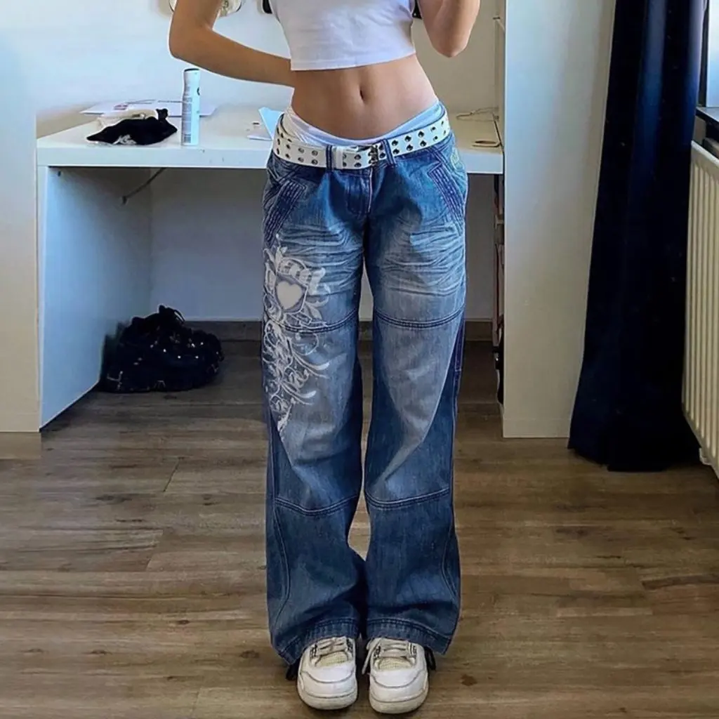 Hipster-bedruckte Jeans für Damen, Distressed Mid-Waist, gerade Hose, Herbst-Streetwear, europäischer und amerikanischer Stil