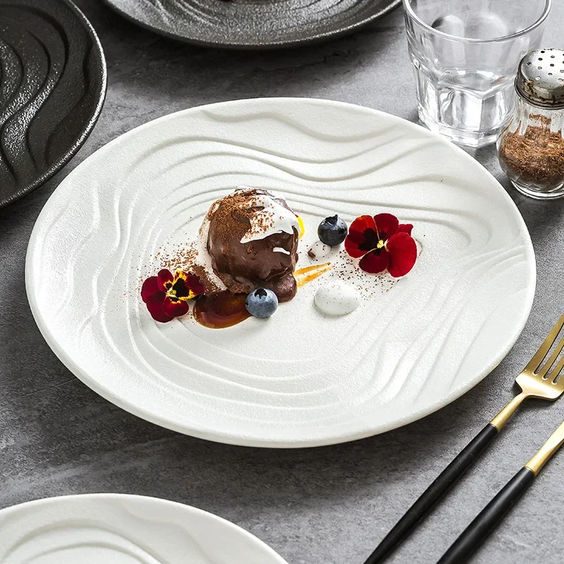 Ceramic Plate, Frosted Water Ripple Circular Shallow Plate, Dish, Fruit, Dessert Plate, Kitchen, Hotel Specialty Tableware