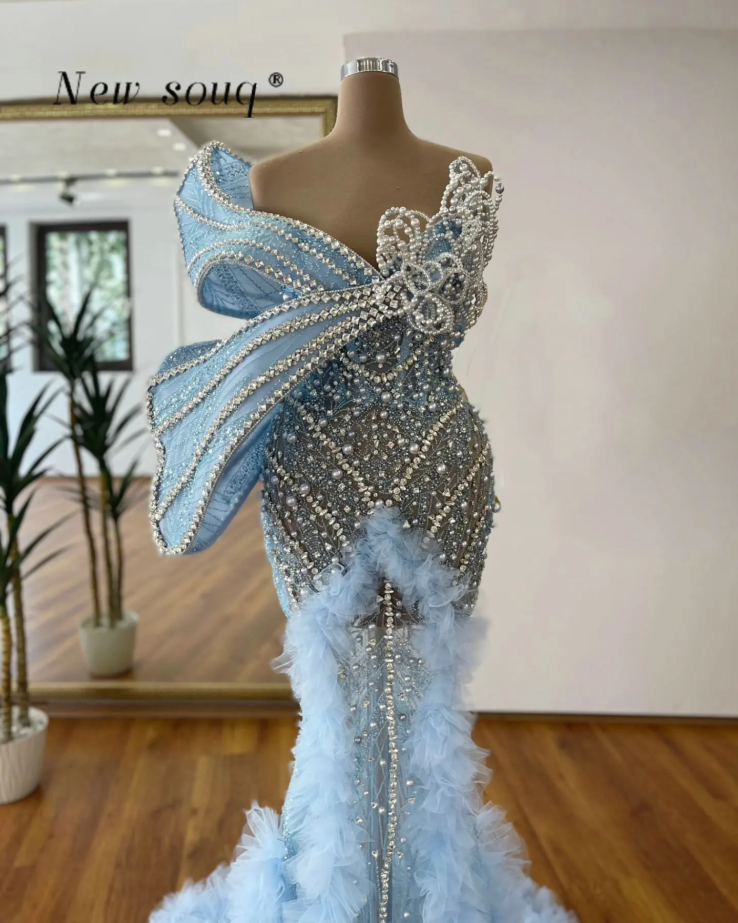 Amazing Light Blue Ruffles Sexy Illusion Evening Dresses with Pearls Beaded Crystals Long Pageant Events Party Gowns Customized