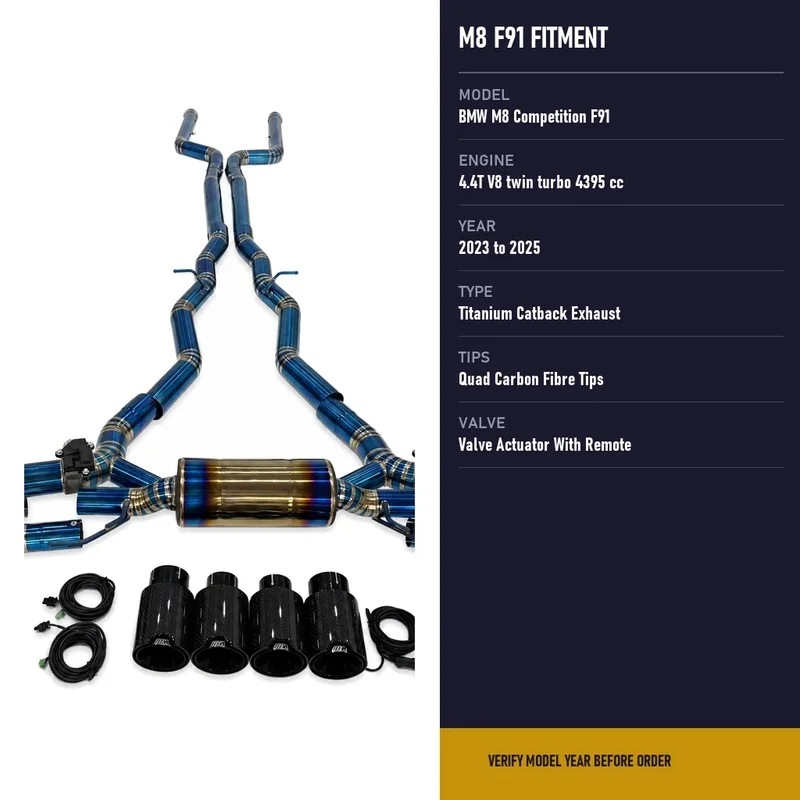 Direct Fit Titanium Catback Exhaust BMW M8 Competition F91 Coupe 4.4T 2023 to 2025 Quad Carbon Fibre Tips Remote Control