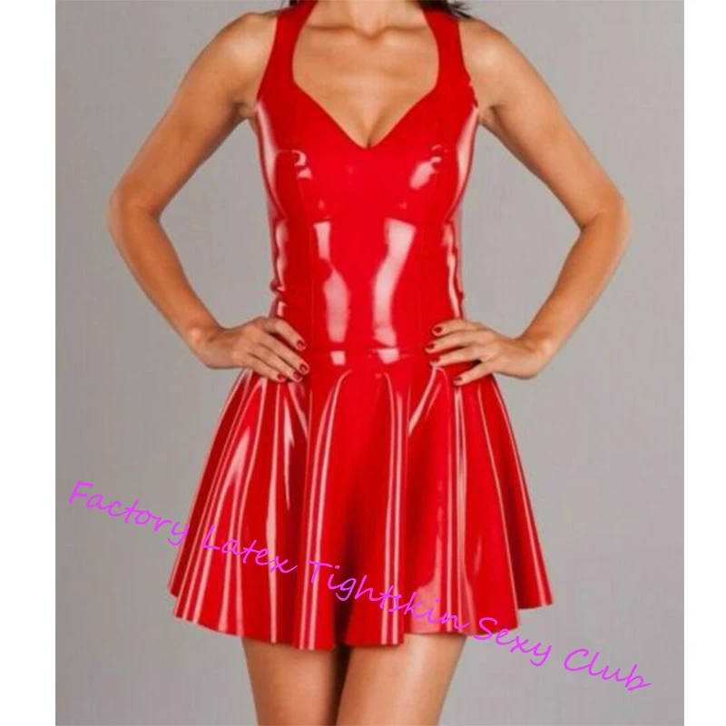 

Latex Rubber Dress Red Sleeveless Party Pleate Skirt with Back Zip Chemise Frock Customize .4mm