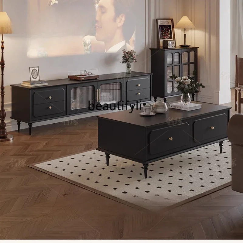 

yh American retro, coffee table combination furniture home living room, black TV cabinet