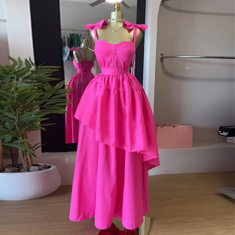 

New temperament solid color bow high waist irregular suspender dress fashionable simple and versatile elegant holiday style high