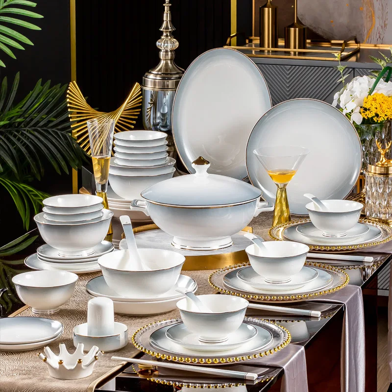 

New bone china material tableware set 60 pieces of light luxury gradient grey Jingdezhen ceramic dishes set