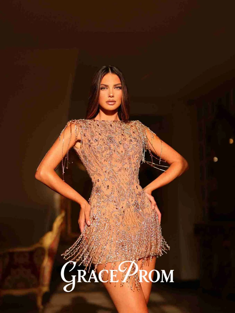 

GraceProm Dazzling Fringed Evening Dress 2026 Nude Beaded Carpet Gown Fashion A-Line Above-Knee Party Gown فساتين سهر