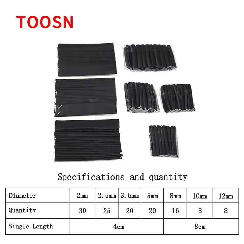 TOOSN 127pcs black heat-shrink tubing Assorted Polyolefin Heat shrinking tube Cable Sleeve Wire Cable Insulated Sleeving Tubes