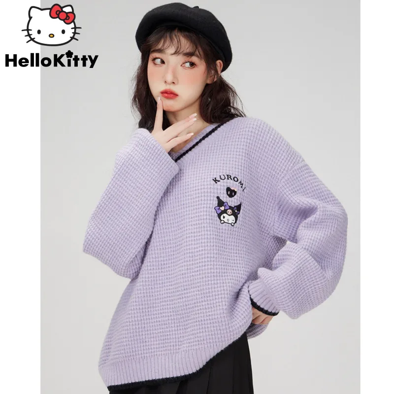 Sanrio Kuromi-suéter de punto bordado Mardi para mujer, suéter de cuello azul marino, ropa de mujer, Universidad suelta, lindo y dulce