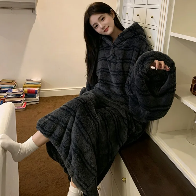 Women Hooded Robe Stripe Print Bear Ear Long Coral Fleece Winter Warm Loungewear Robe Oversized Casual Soft Women's Sleepwear
