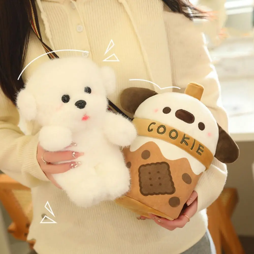 Bubble Tea Teacup Dog Plush Doll Bag Large Capacity Zipper Teacup Dog Crossbody Bag Milk Tea Drink Stuffed