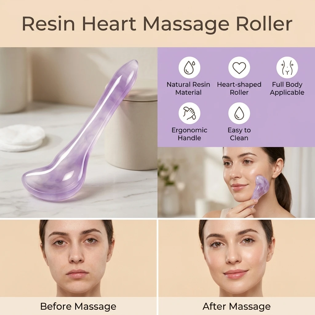 Gradient Purple Series Natural Resin Face Massage Roller Heart Shaped Beauty Tool Smooth Surface Comfortable for Face Neck Legs