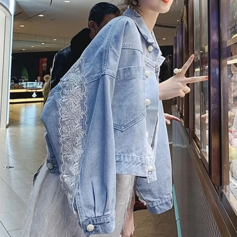 Women's Denim Jackets Lace Spring Autumn Female Jeans Coats 2025 New Arrivals Harajuku Chic and Elegant Models Long Sleeve In