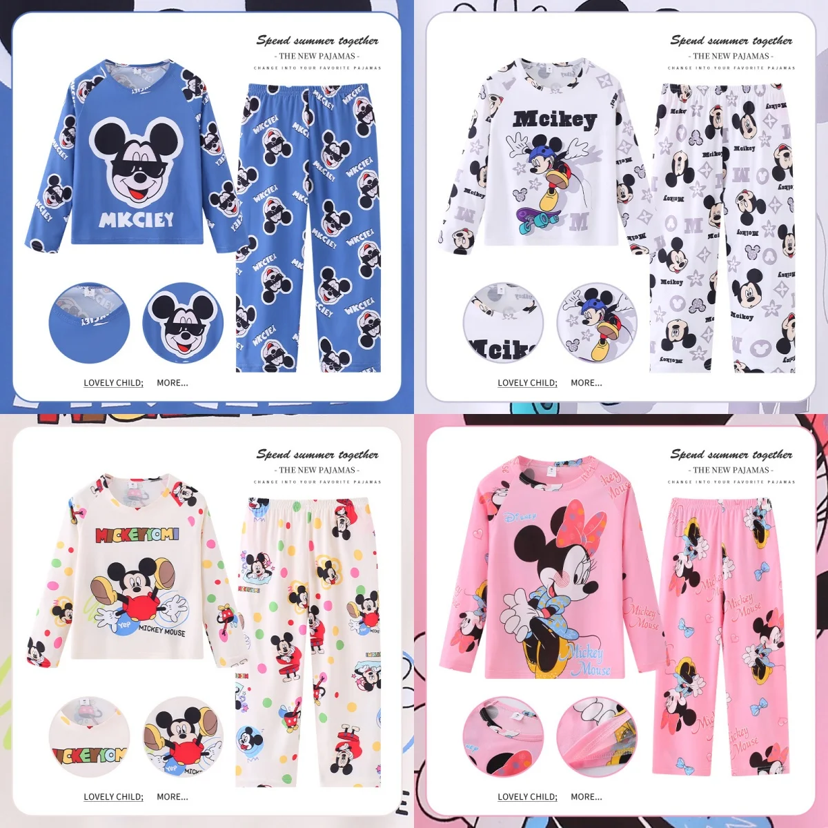 Disney Mickey Mouse Pajamas Anime Spring and Winter Cotton Children's Girls Long-Sleeved Thin Section Boys Home Wear Set Toy