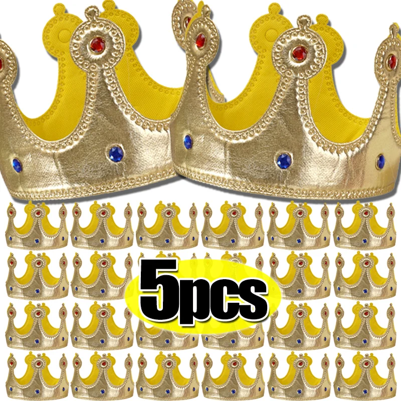 1/5PCS Adjustable Crown Decoration Gold Non-woven Princess Prince Diamond Headgear Kid Hair Ornament Birthday Party Decor Supply