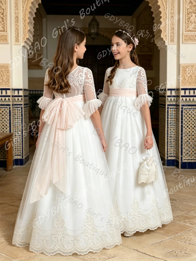 

Customized White Flower Girl Dresses Floral Appliques With Pink Bow Ribbon For Wedding Birthday Party Prom Banquet Princess Gown