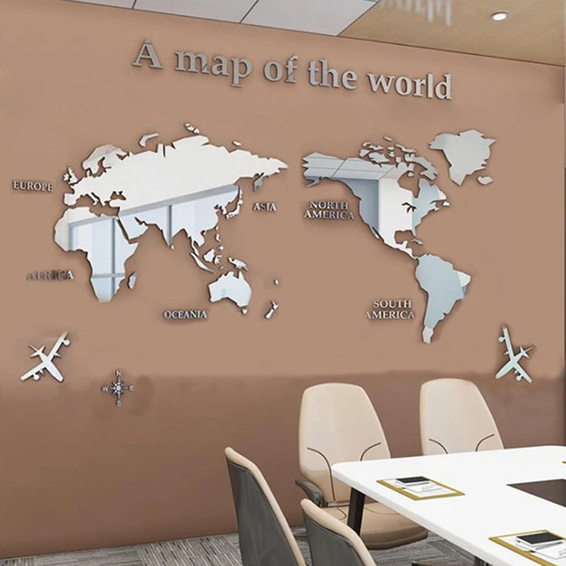 Acrylic World Map Wall Decal Stickers 3D Mirror Sticker Globe Travel Theme Three-dimensional for Living Room Office Background