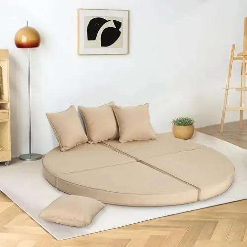 66 Inch Outdoor Patio Canopy Bed Round Daybed Replacement Cushions, 4 Pieces Clamshell Sectional Seating Wicker