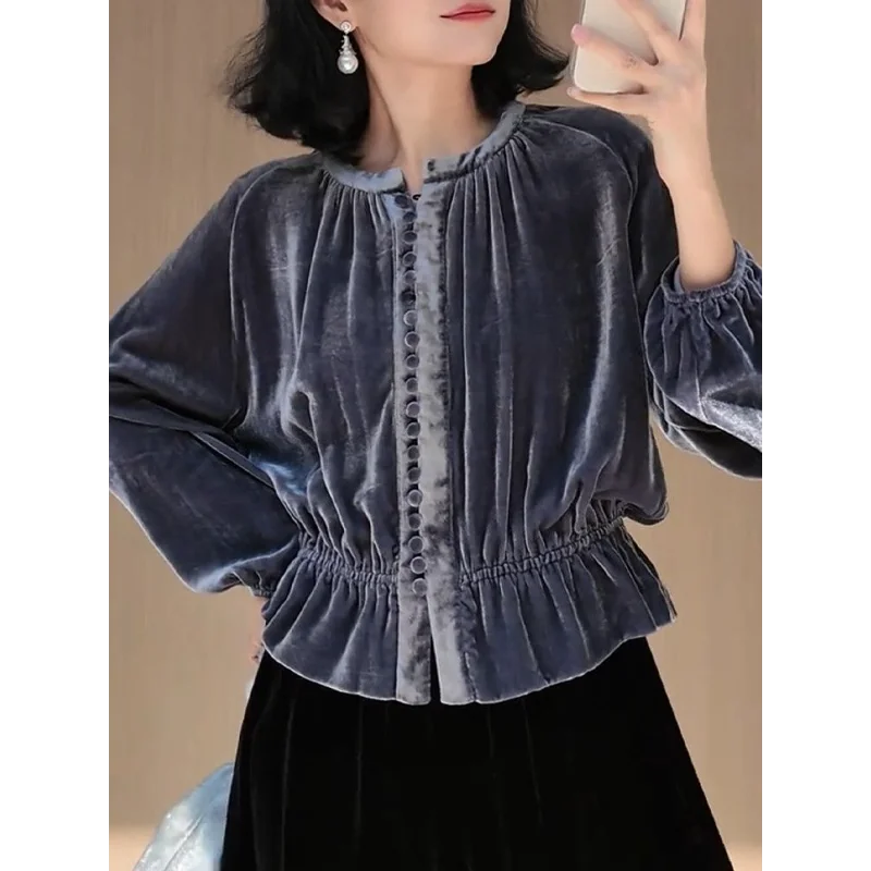 

2025 New Autumn Spliced button Elegant Age-reducing Temperament Velvet Women's Waist Slimming Versatile Long-sleeved Top