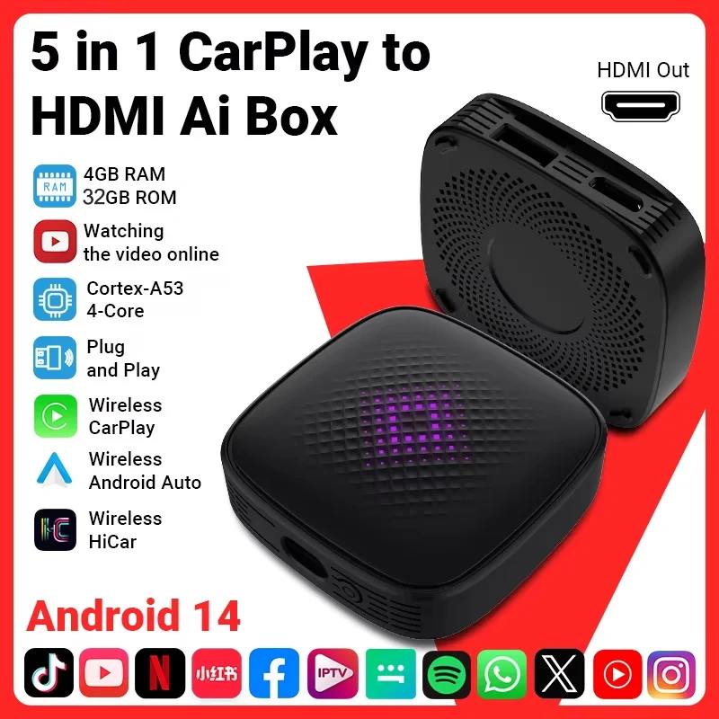 4 + 32G 5in1 Android14.0 Carplay & Android Auto Box CarPlay Ai Box يدعم Netflix Hicar HDMI USB جهاز التوصيل والتشغيل Carplay محول #1