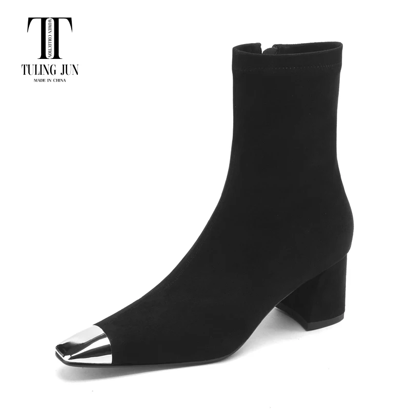 

TULING JUN 2023 Winter Concise Famale Square Head Solid Color Elegant Stretch Ankle Boots High Heels Shoes For Women T-Z710