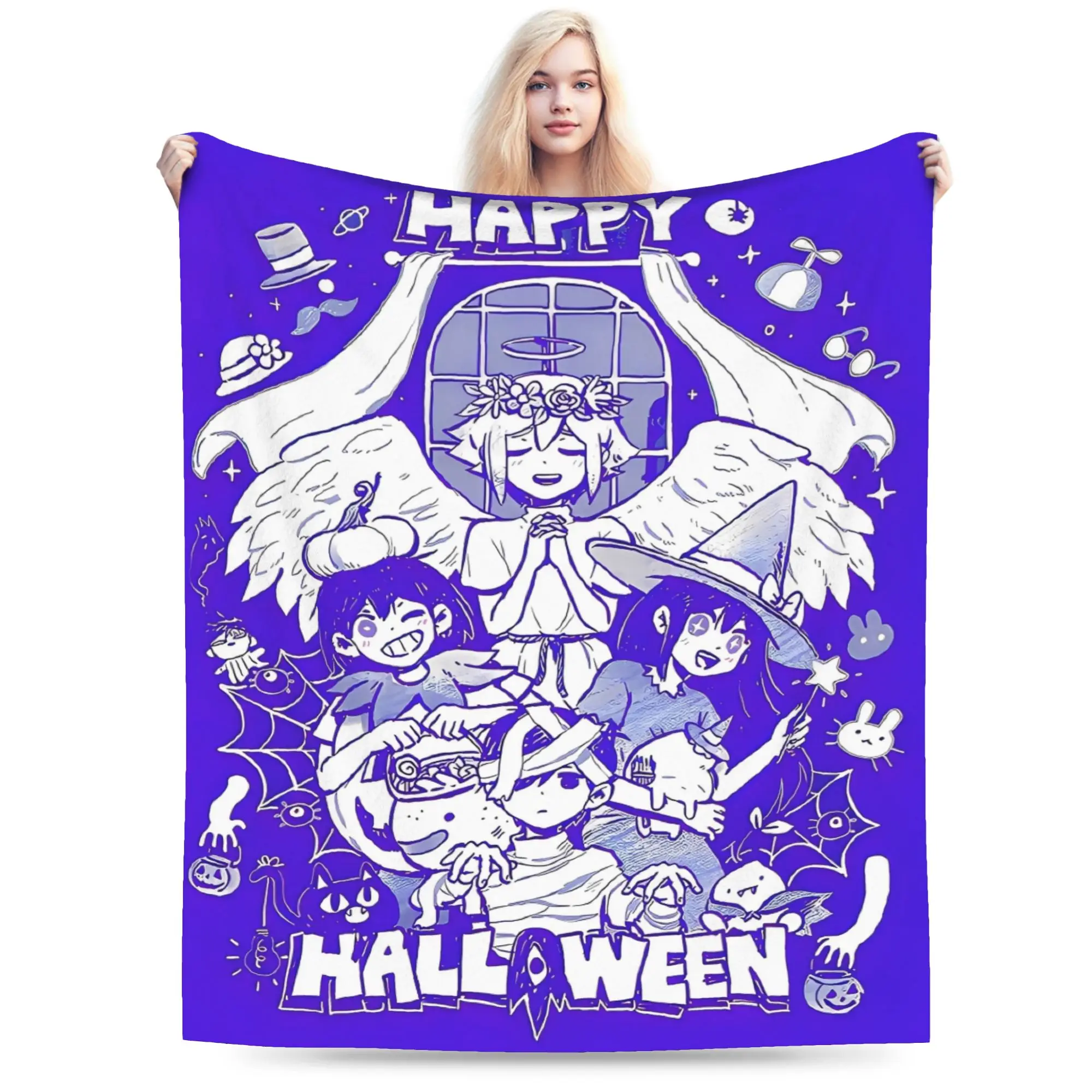 Happy Halloween poster omori Flannel Blankets  Warm Soft Throw Blanket for Outdoor Airplane Travel Bedspread Sofa Bed Cover