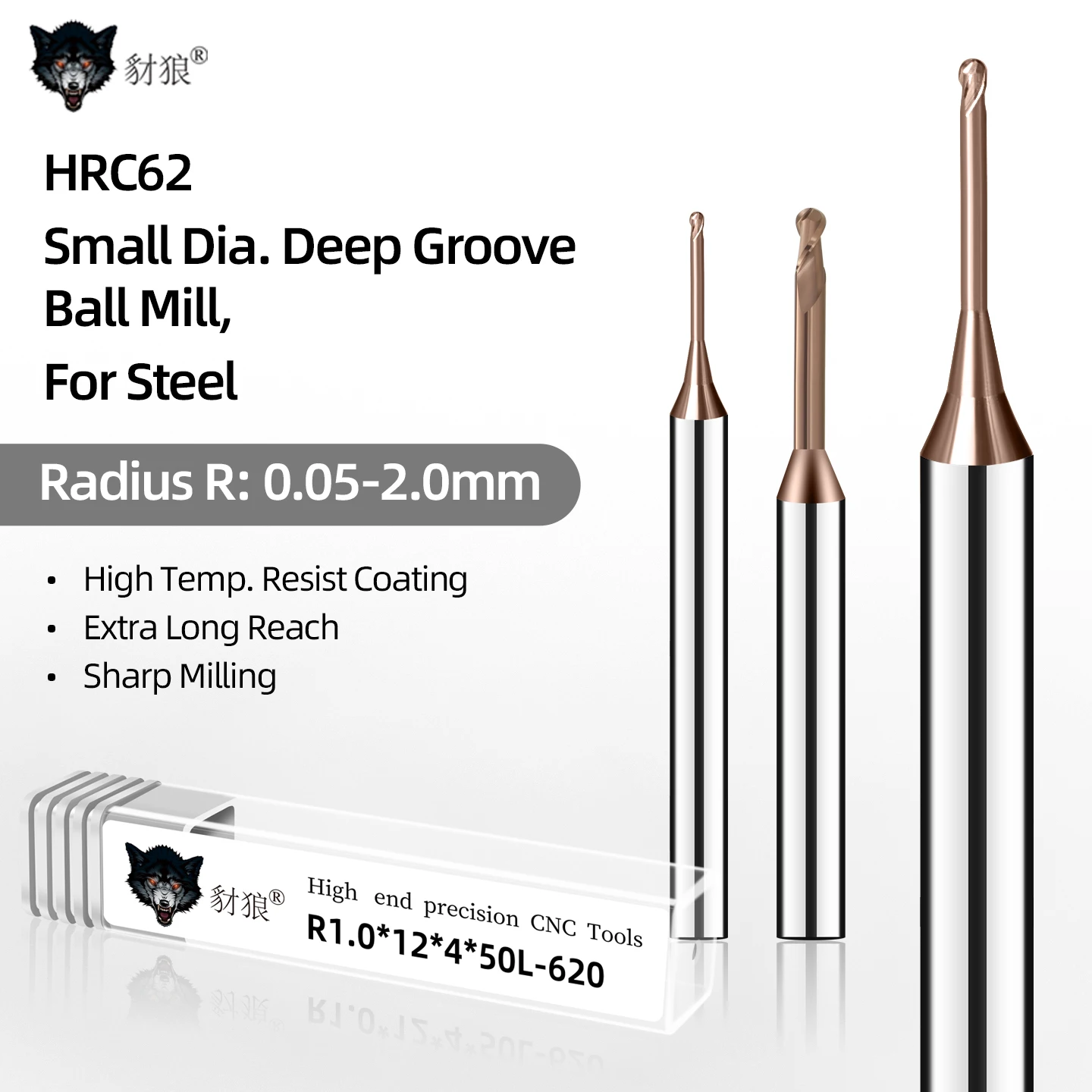HRC62° Micro Ball End Mill Long Neck Carbide CNC Small Mini Rib Deep Machining Cutter R0.05-2.0 Tool for Steel Metal