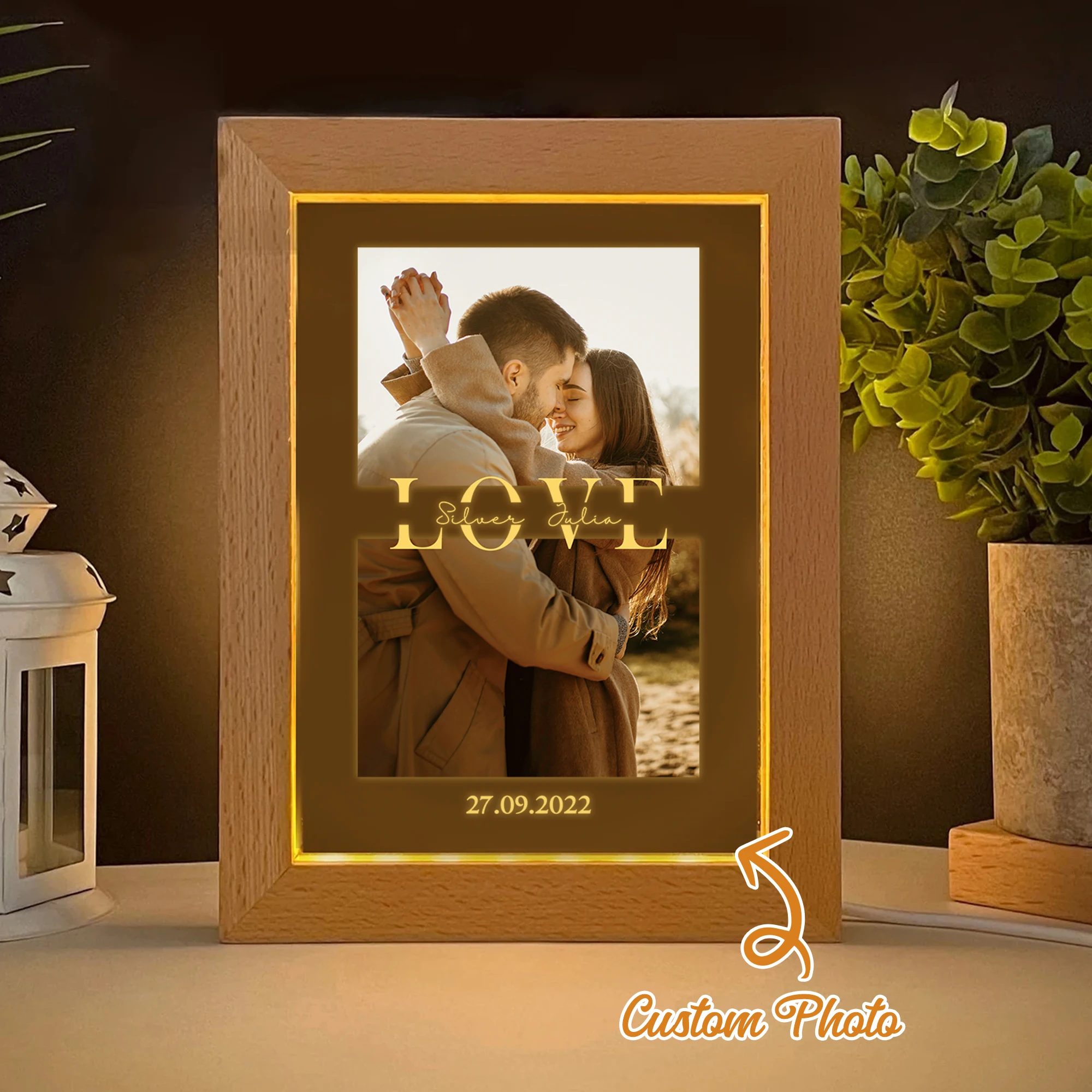 

2D Flat Custom Photo Couple Anniversary Love LED Acrylic Night Light Wood Photo Frame 21x17cm Bedroom Gift Home Decoration