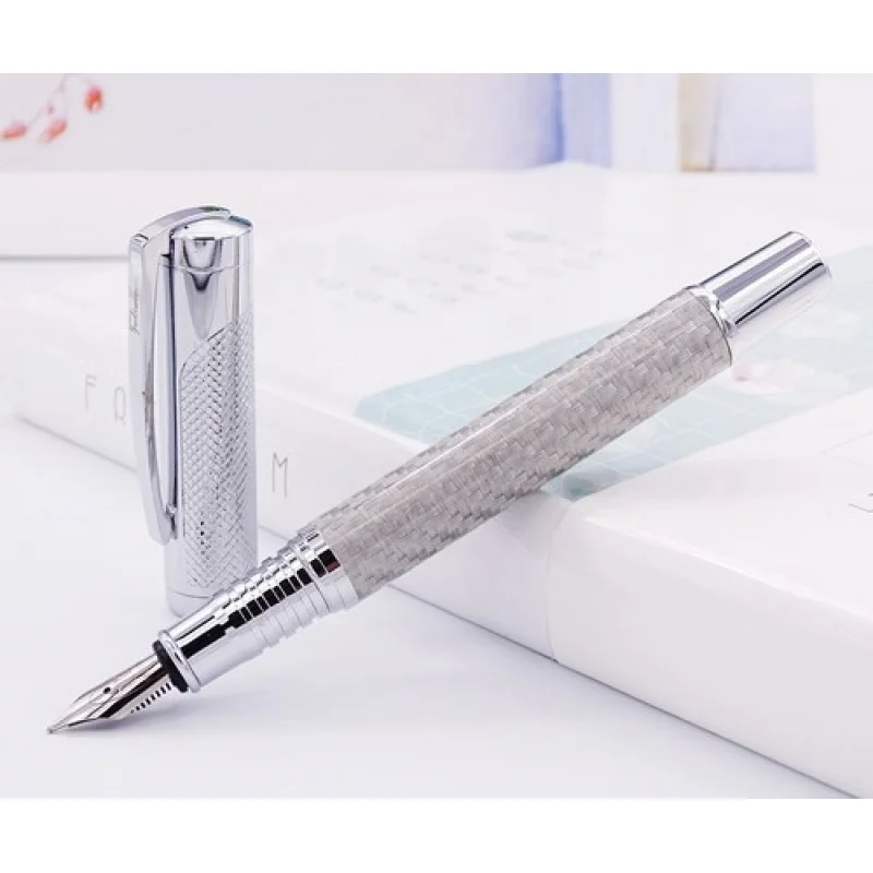 

Перьевая ручка из углеродного волокна A+ Fuliwen 2030, высококачественное среднее перо серебристого цвета