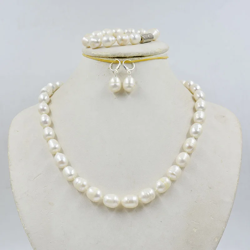 

11-12MM Giant Natural White Baroque Large Thread Pearl Necklace/Bracelet/Earring Set Strong suction magnetic buckle