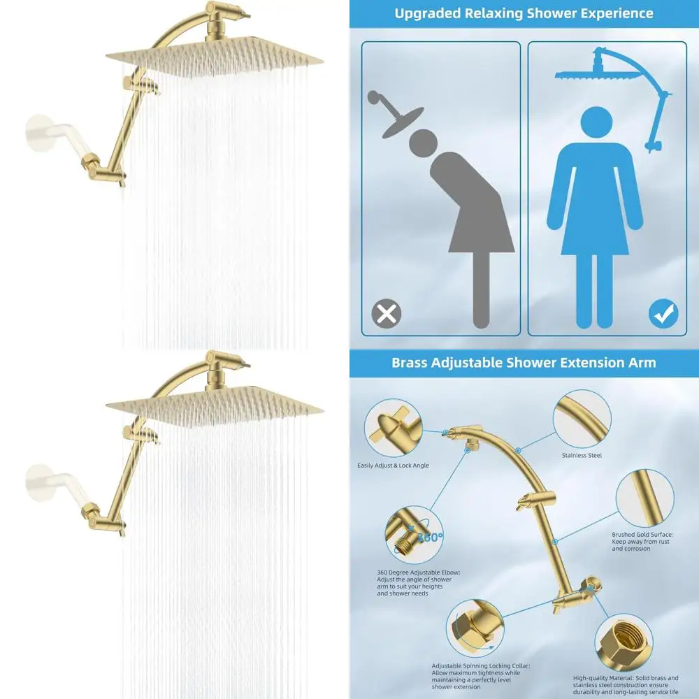 

10 High-Pressure Square Showerhead with 16 Extension Arm, Solid Brass, Brushed Gold Finish