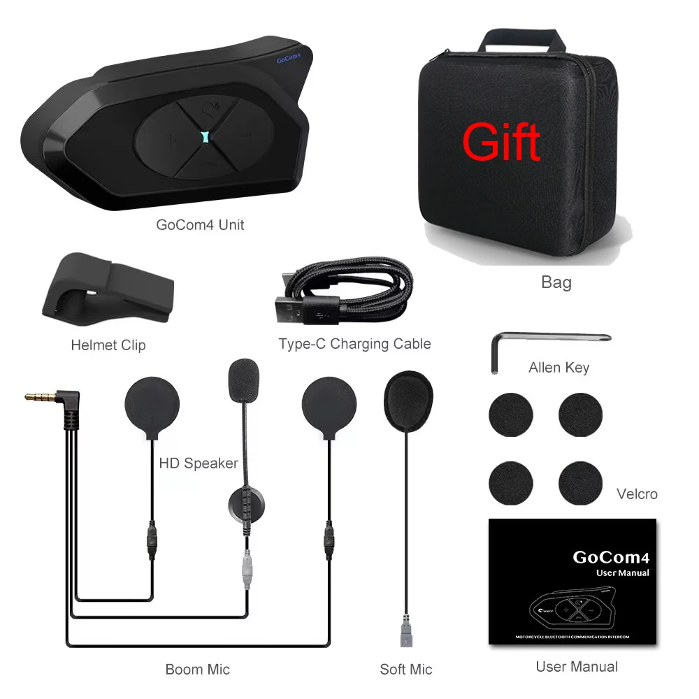 GoCom4 Motorcycle Helmet Bluetooth Intercom For 4 Riders Group Comunicador 1500M BT5.1 Interphone IP65 Music Sharing FM V4 plus