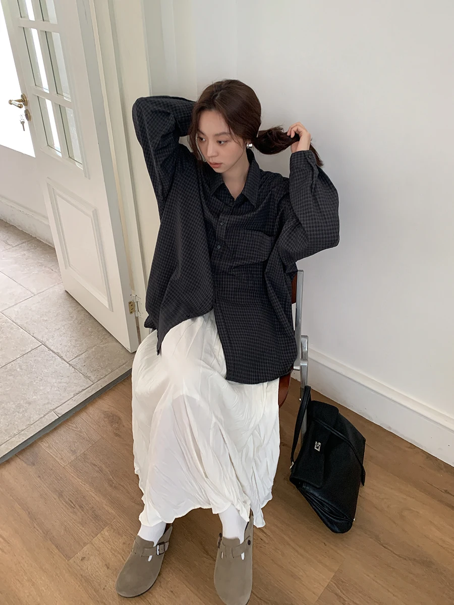 

London Metropolitan ey Tone Plaid Loose Long Sve Women's irt Vintage Sle Outerwear Autumn Season Faionable Coat