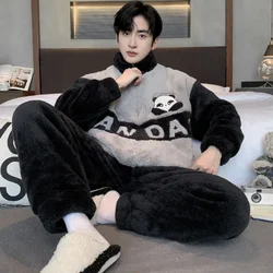 5XL Large Size Men's Winter Sleepwear Set Zipper Thick Coral Fleece Long Hair Warm Home Clothes Student Cartoon Flannel Pajamas