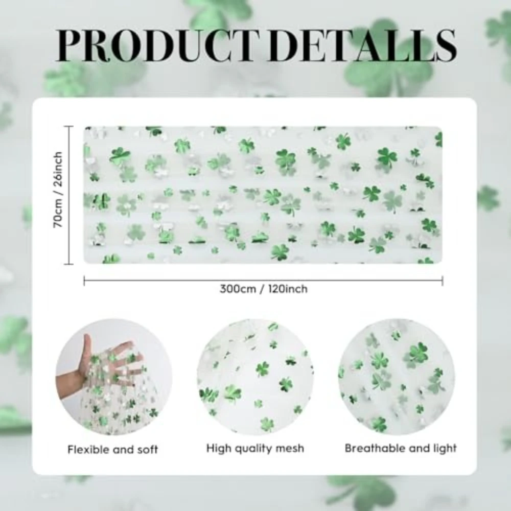 10 Pack Mesh Gauze Green Shamrocks Table Runners 120 Inch Seasonal Sheer for Dining Holiday Baby Shower Table Decor Home Party
