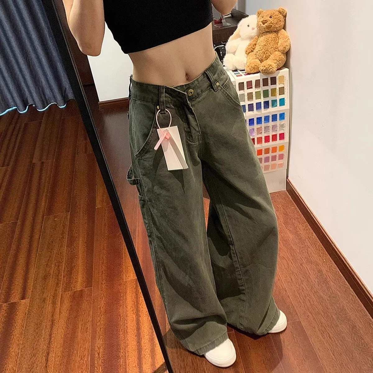 

American Retro Military een Workwear Jeans High Waist Loose Wide Leg Pants for Women plus Size Casual Cotton Denim