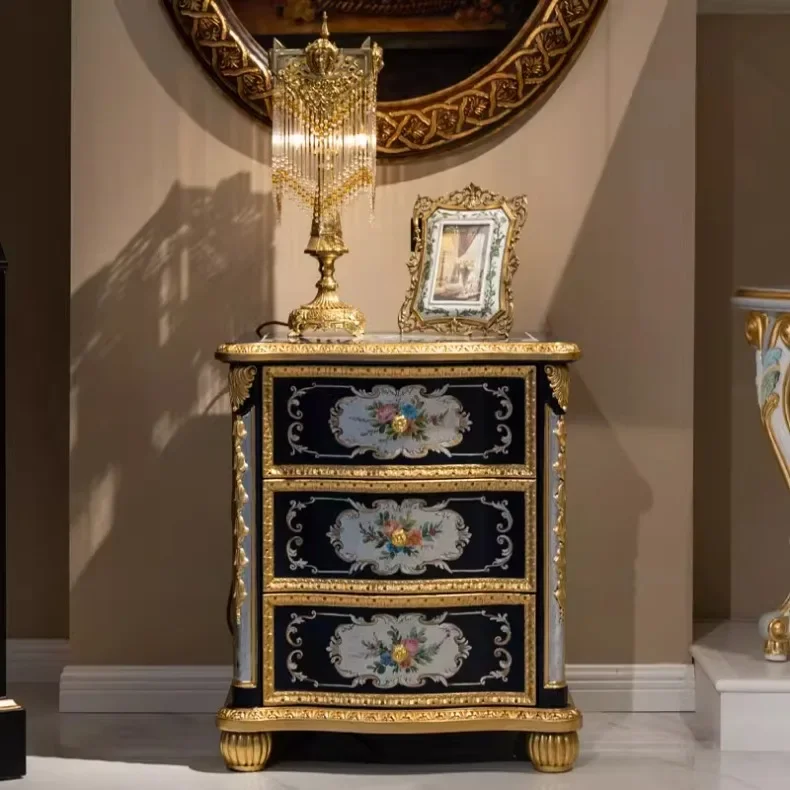 

Французская прикроватная тумбочка для спальни, ручная роспись, цветок, резьба по дереву, шкаф из золотой и серебряной фольги