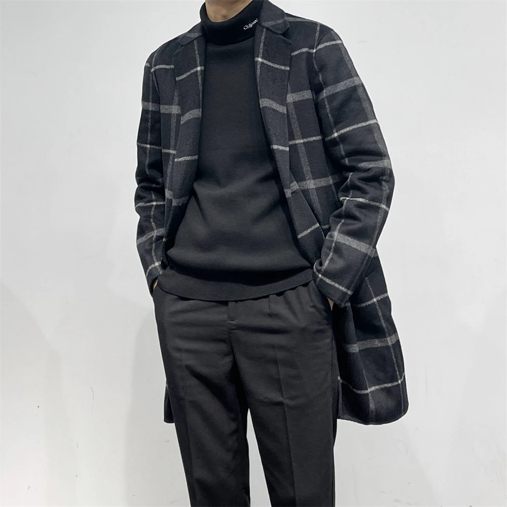 

Plaid Woolen Double-breasted Men's Coat Winter Fashion City Style Standard Fit Long Sleeve Youth Outerwear