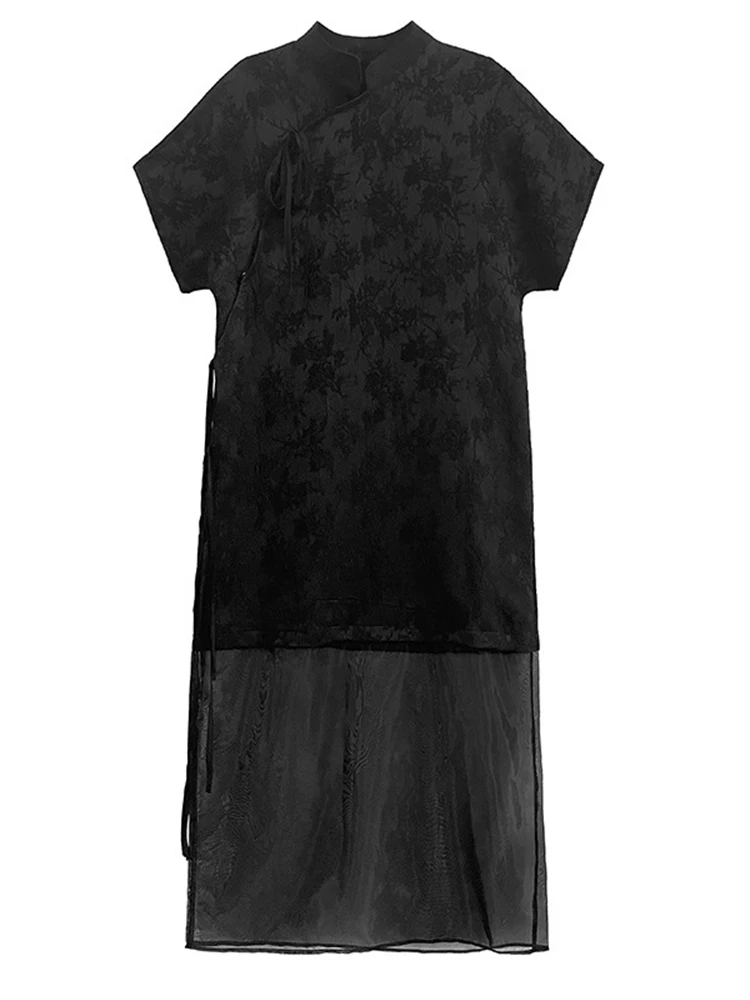 [EAM] Women Black Mesh Bandage Big Size Vintage Dress New Stand Collar Short Sleeve Fashion Tide Spring Summer 2024 1DH5123